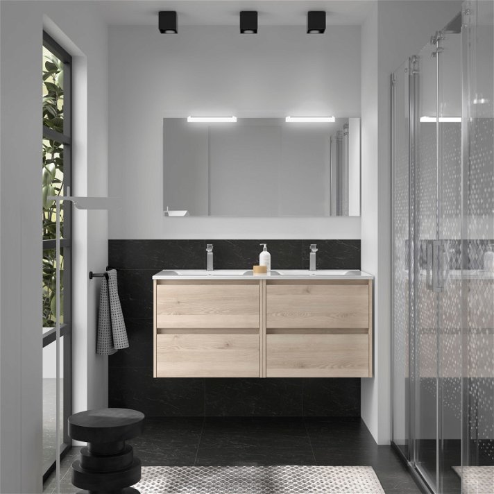 Meuble de salle de bains de 120 cm avec plan double vasque intégré et 4 tiroirs avec finition bois naturel Noja Salgar