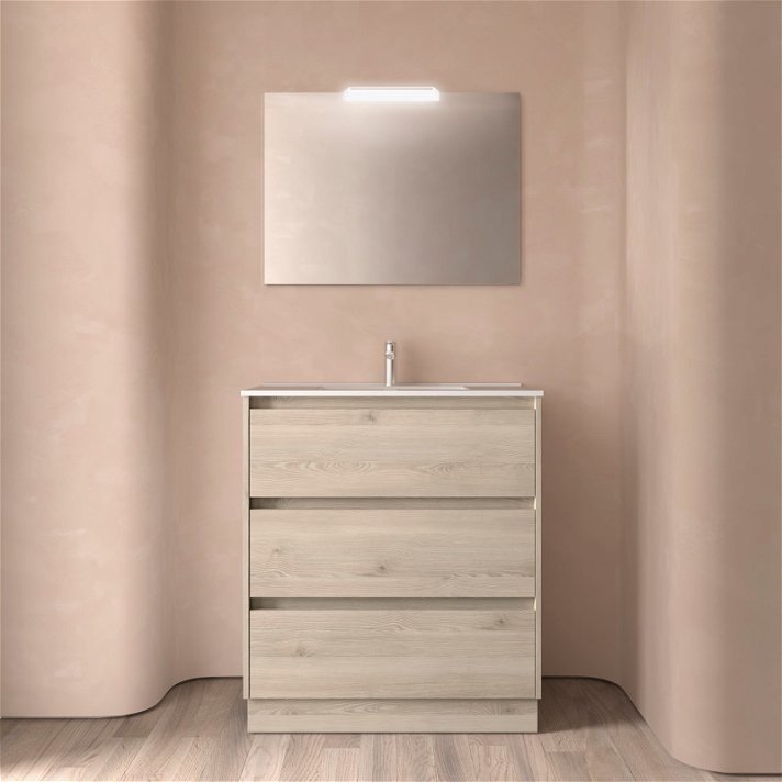 Mueble de baño de 80 cm con lavabo integrado y 3 cajones en acabado natural Noja Salgar