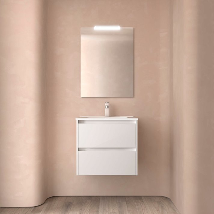 Meuble de salle de bains avec deux tiroirs en mélaminé de couleur blanc brillant avec plan vasque Noja Salgar