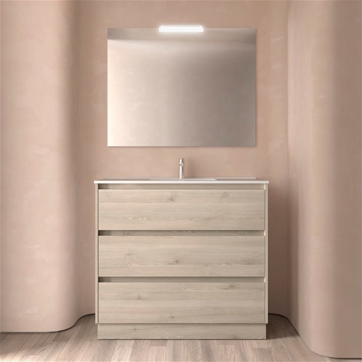 Mueble de baño de 100 cm con lavabo integrado y 3 cajones en acabado natural Noja Salgar