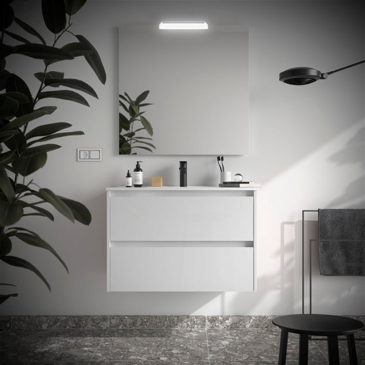 Meuble de salle de bains avec deux tiroirs et plan vasque de couleur blanc brillant Noja Salgar