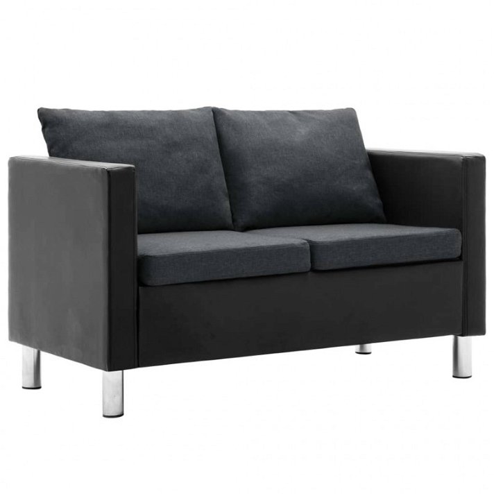 Sofá de 2 plazas con cojines tapizado en cuero sintético color negro y gris oscuro Vida XL