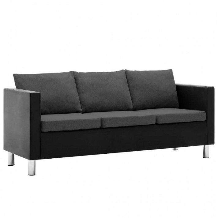 Sofá de 3 plazas con cojines tapizado en cuero sintético color negro y gris oscuro Vida XL