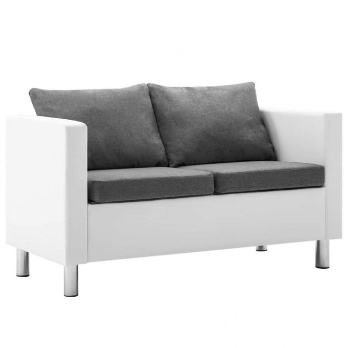 Sofá de 2 plazas con cojines tapizado en cuero sintético color blanco y gris claro Vida XL