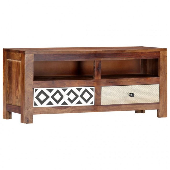 Mueble de TV de madera maciza de sheesham con cajones y diseño de diamantes en blanco y negro Vida XL