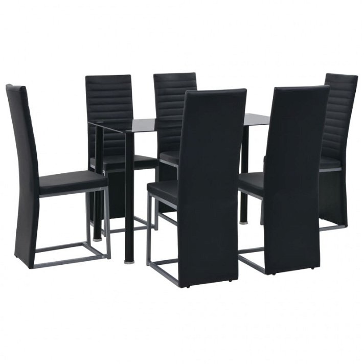 Conjunto de comedor de mesa y sillas de vidrio y acero con cuero ecológico negro Vida XL