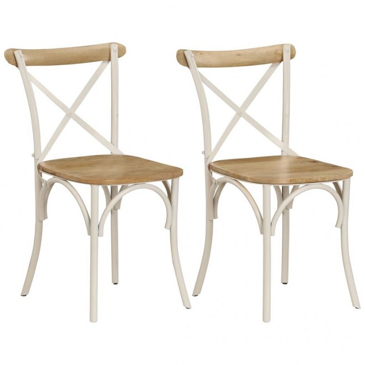 Conjunto de 2 cadeiras de madeira maciça de mangueira com acabamento natural com estrutura de aço de cor branca VidaXL
