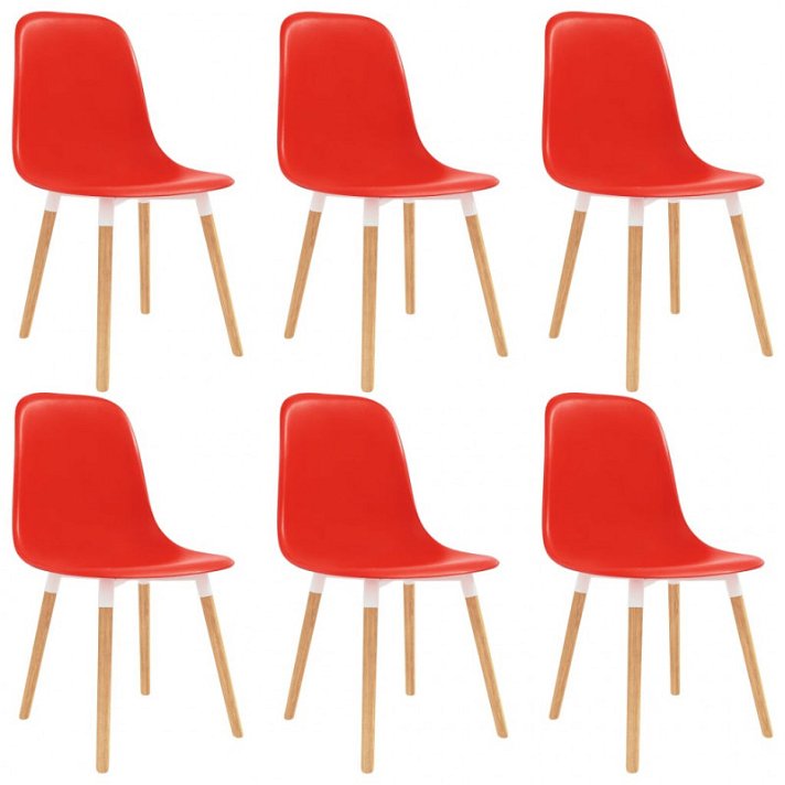 Pacote de seis cadeiras de jantar em plástico vermelho e madeira Vida XL