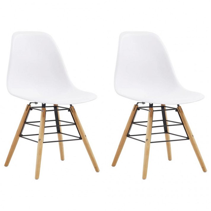 Pacote de cadeiras de plástico e madeira de cor branca com pernas de madeira natural e aço de cor preto VidaXL