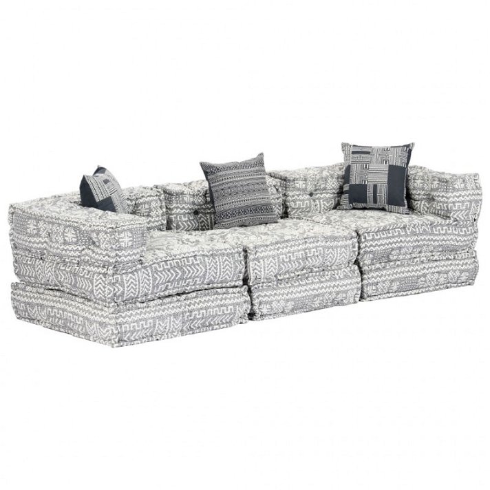 Sofá-cama de três lugares de tecido de algodão cinzento-claro com design listrado Vida XL