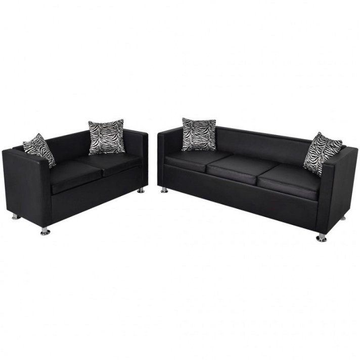 Conjunto de sofás de 5 plazas con cojines y almohadas tapizado cuero artificial negro Vida XL