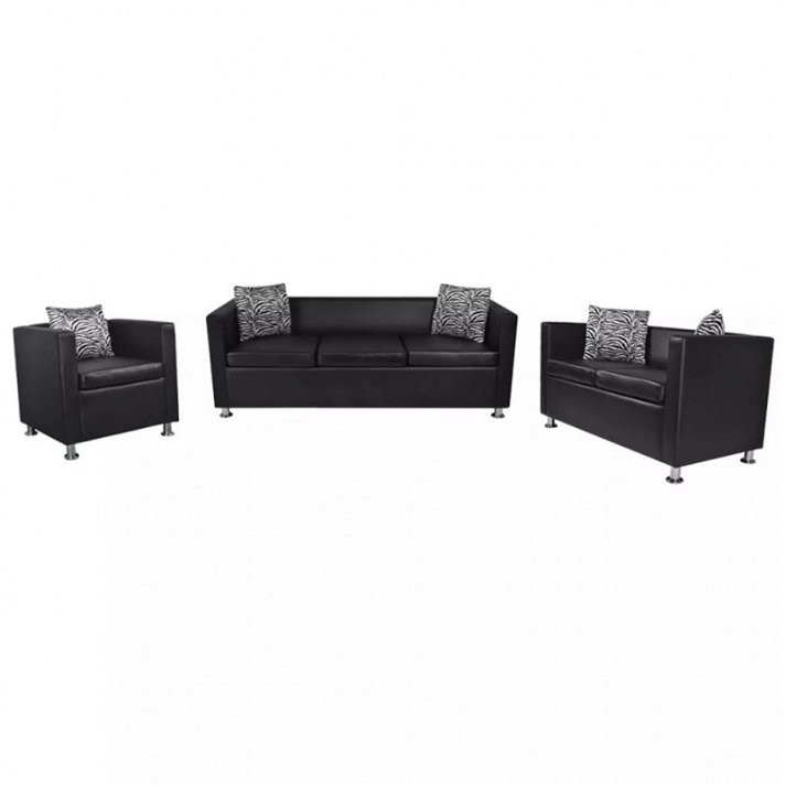 Juego de muebles de sofás de dos y tres plazas más sillón de madera tapizada en cuero artificial negro Vida XL