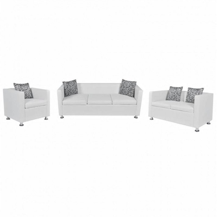 Conjunto de móveis de sofás de dois e três lugares mais sofás de poltrona de madeira estofados em pele branca Vida XL