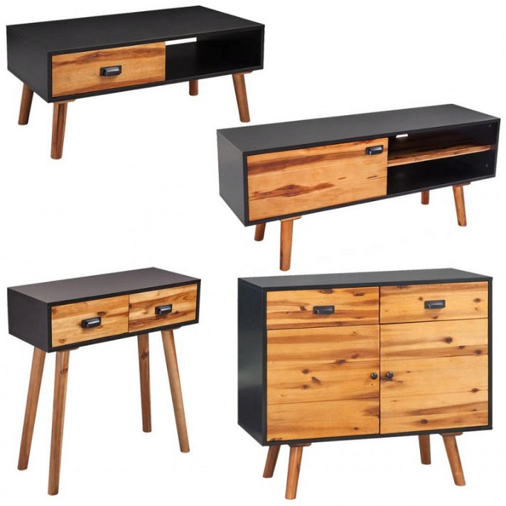 Conjunto muebles de salón con 4 piezas de madera de acacia con acabado natural y negro Vida XL