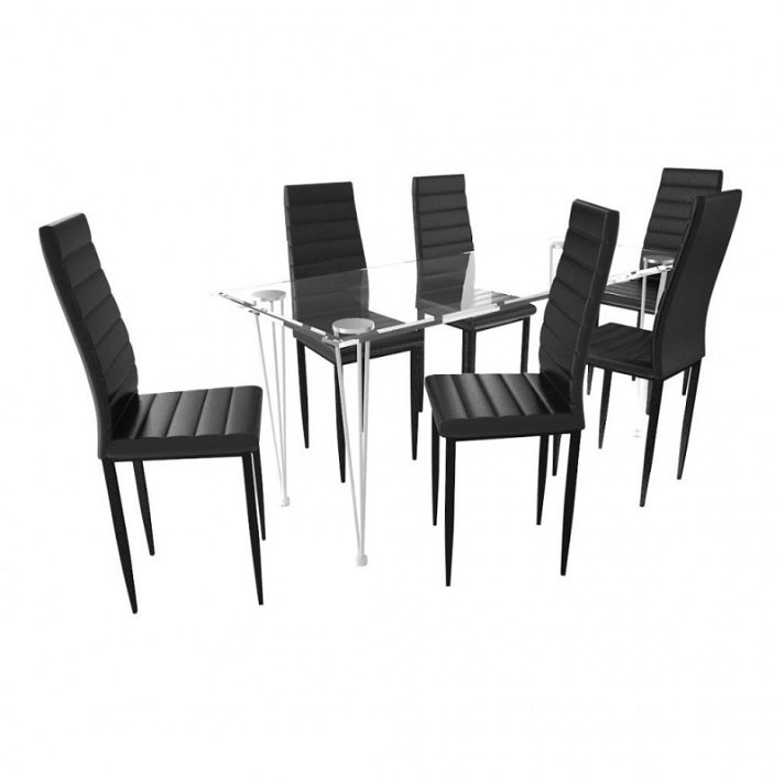 Conjunto de sala de jantar formado por uma mesa e 6 cadeiras de vidro temperado e aço com acabamento de cor preta Vida XL