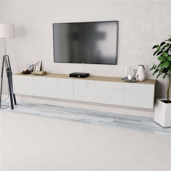 Dos muebles para TV de MDF tipo madera de roble y color blanco brillante de 120 cm de ancho Vida XL