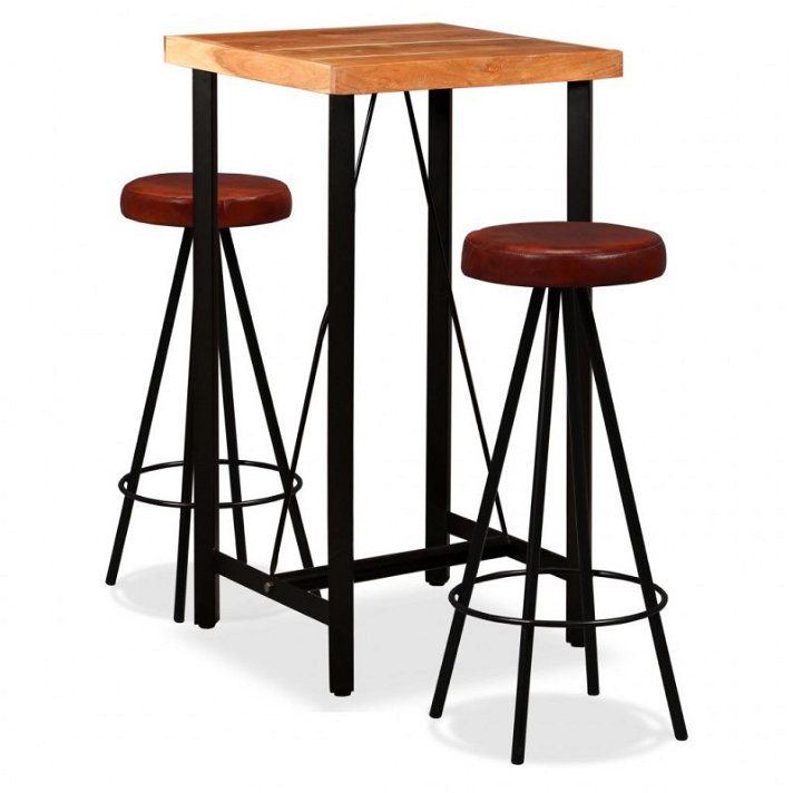 Mesa de bar com 2 cadeiras de madeira de acácia e estofadas em couro com acabamento castanho Vida XL