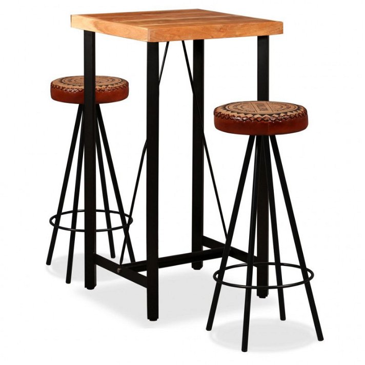 Mesa de bar con 2 sillas de madera de acacia maciza con patas de acero y tapizadas en cuero Vida XL