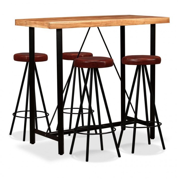 Mesa de bar com 4 cadeiras de madeira de acácia maciça com pernas de aço e estofadas em couro genuíno Vida XL