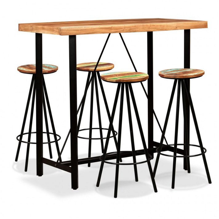 Conjunto de mesa alta y 4 sillas de madera de acacia reciclada con patas de acero Vida XL