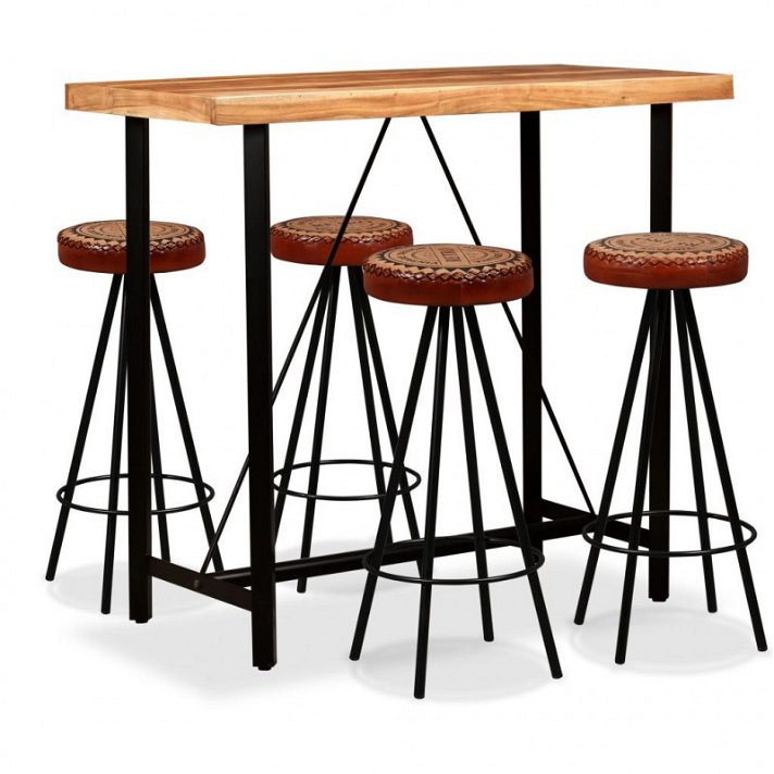 Conjunto de mesa de bar alta y 4 sillas de madera de acacia maciza con patas de acero y tapizado de cuero Vida XL