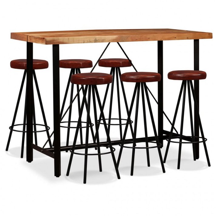 Conunto de mesa de bar y 6 sillas de madera de acacia maciza con patas de acero Vida XL