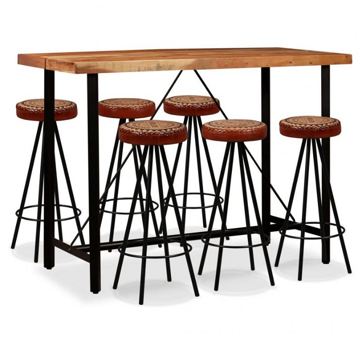 Conjunto de mesa de bar alta y 6 sillas de madera de acacia con patas de acero maciza Vida XL