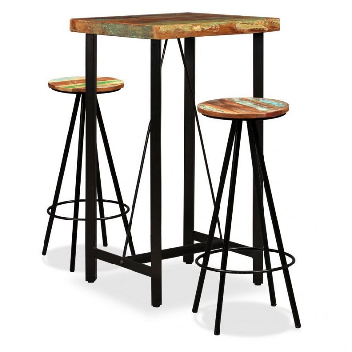 Conjunto de 1 mesa de bar y 2 sillas fabricadas con madera maciza reciclada y acero Vida XL