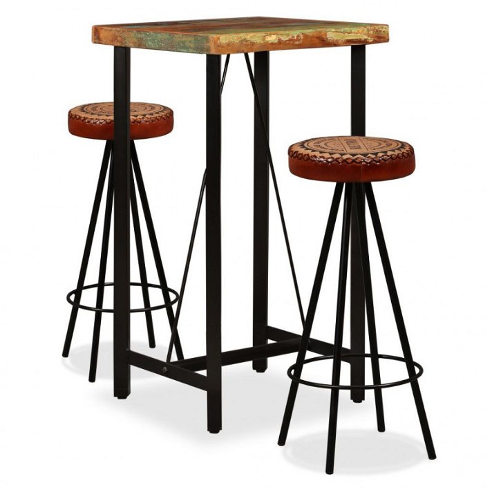 Mesa de bar quadrada fabricada em madeira maciça reciclada e aço com 2 cadeiras com acabamento colorido Vida XL