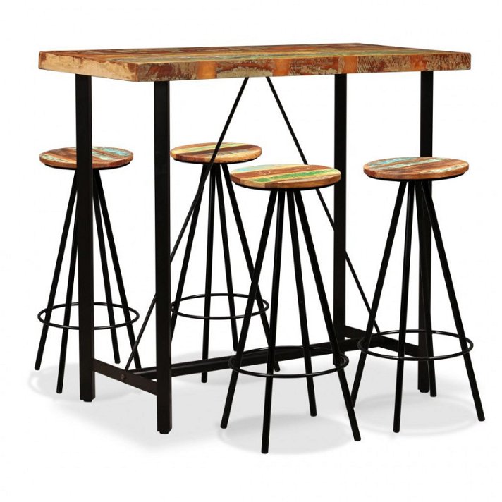 Mesa bar de madeira maciça reciclada com 4 cadeira Vida XL