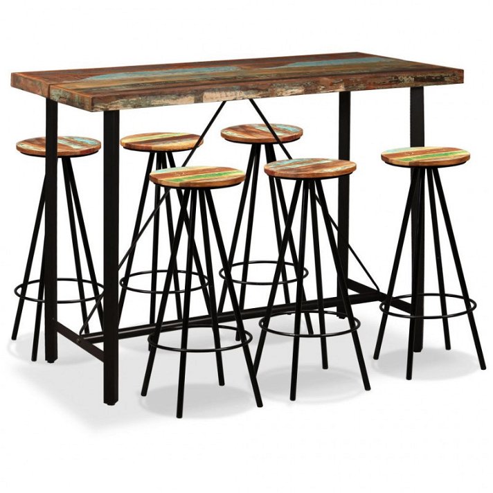 Conjunto de muebles con 1 mesa de bar y 6 sillas fabricadas con madera maciza reciclada Vida XL