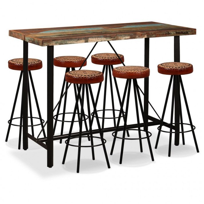 Mesa bar de madeira reciclada maciça com 6 cadeiras Vida XL