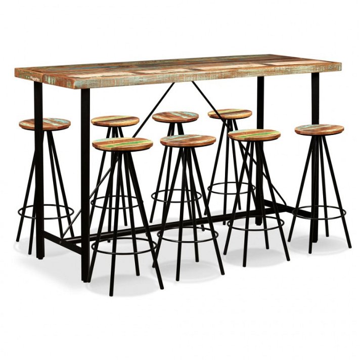 Conjunto de 1 mesa de bar y 8 sillas elaboradas con madera maciza reciclada y acero Vida XL