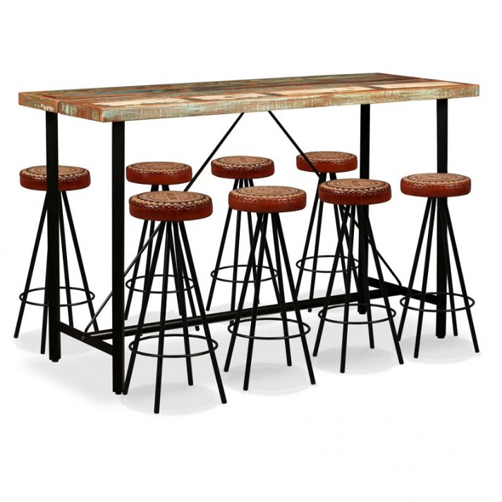 Conjunto de 1 mesa de bar y 8 sillas fabricadas con madera reciclada maciza Vida XL