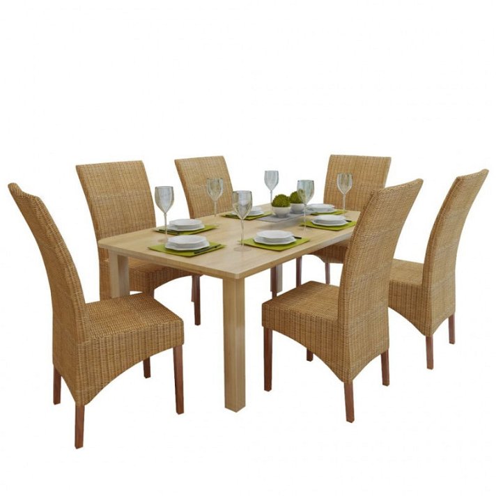 Set di 6 sedie da pranzo fabbricate in legno di mango e rattan intrecciato a mano Vida XL
