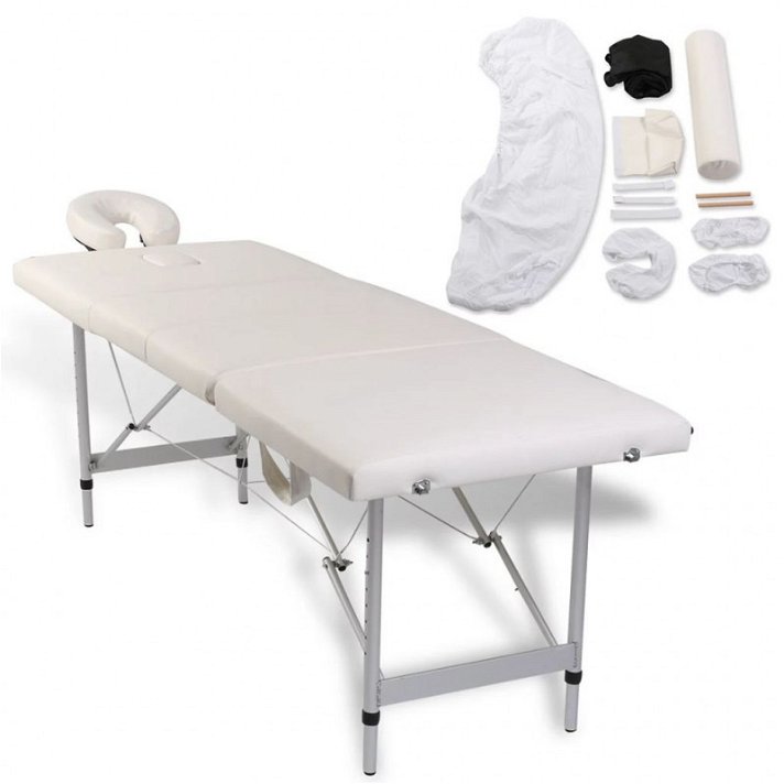 Mesa de massagem dobrável e acessórios 4 zonas de creme de alumínio branco Vida XL