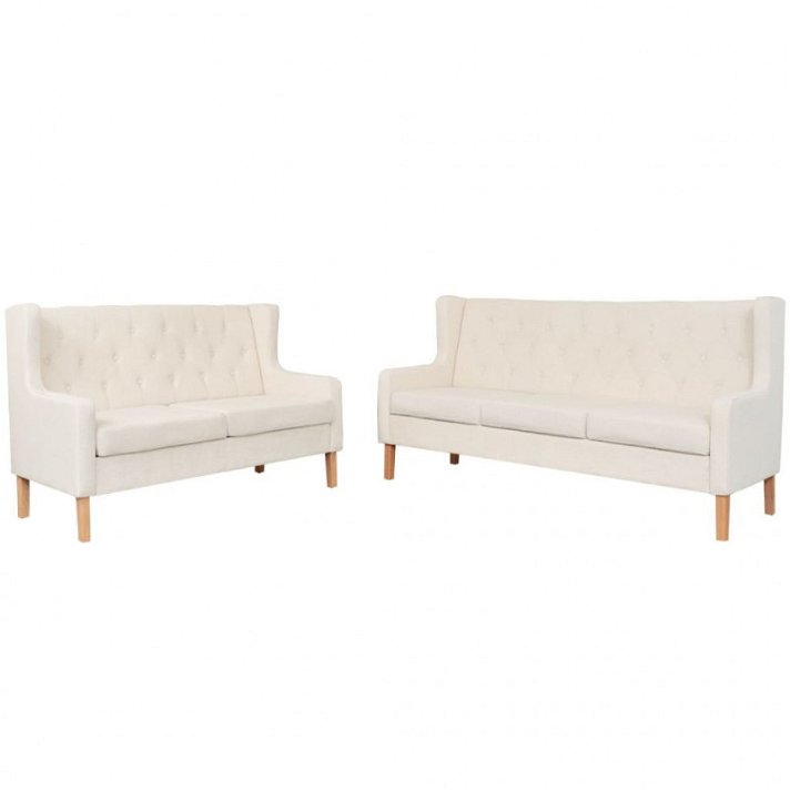 Conjunto de sofás de dos piezas con estructura de madera y tapizado de tela color blanco crema Vida XL