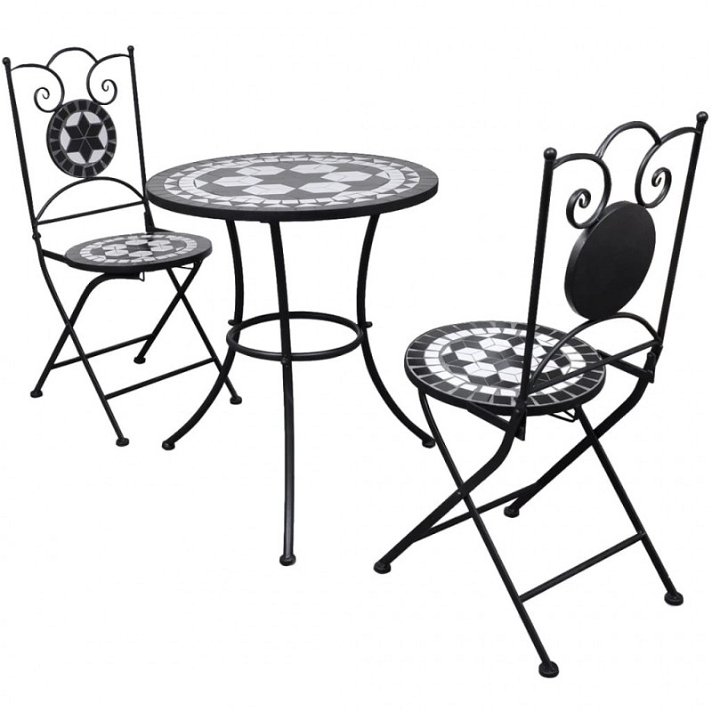 Conjunto de mesa e cadeiras de jardim 3 peças mosaico preto e branco Vida XL