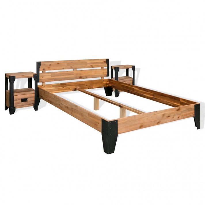 Estrutura de cama para colchão de 180x200 cm com 2 mesas de cabeceira em acácia e aço pintado Vida XL
