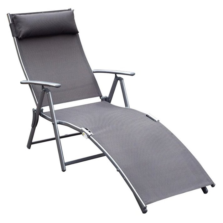 Tumbona de 7 posiciones con reposapiés y almohada reposacabezas de acero y textilene impermreable de color gris Outsunny