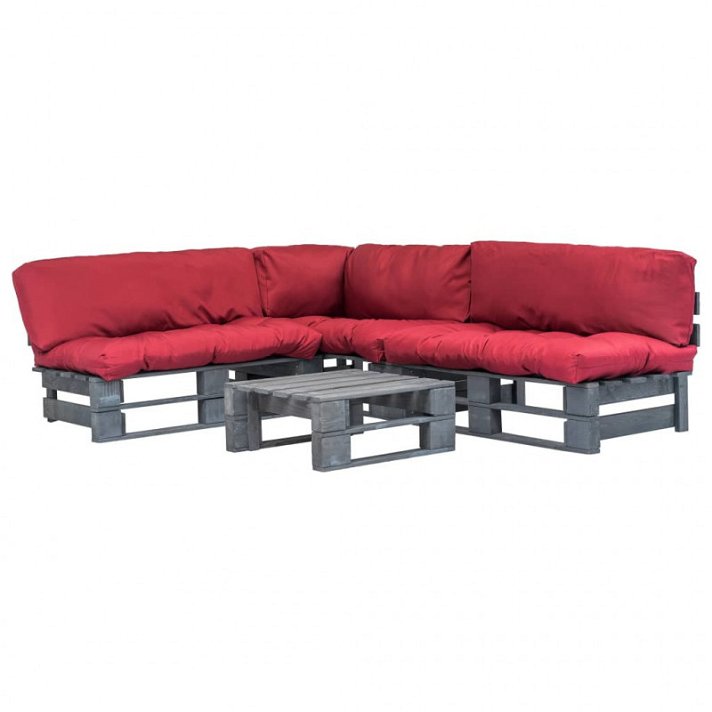 conjunto de sofá de jardim de paletes vidaXL 4 peças e almofadas vermelhas de madeira