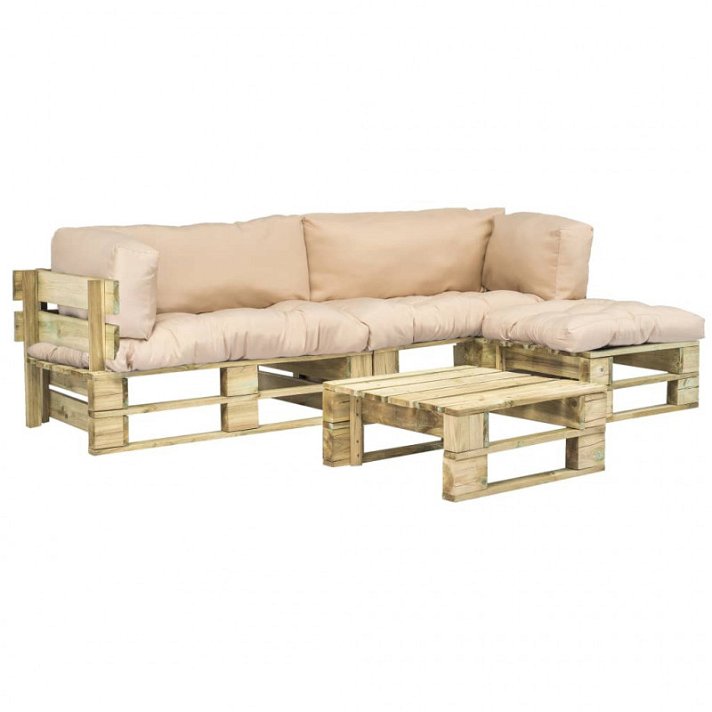 vidaXL Conjunto de sofá de jardim de paletes 4 peças e almofadas de madeira de areia