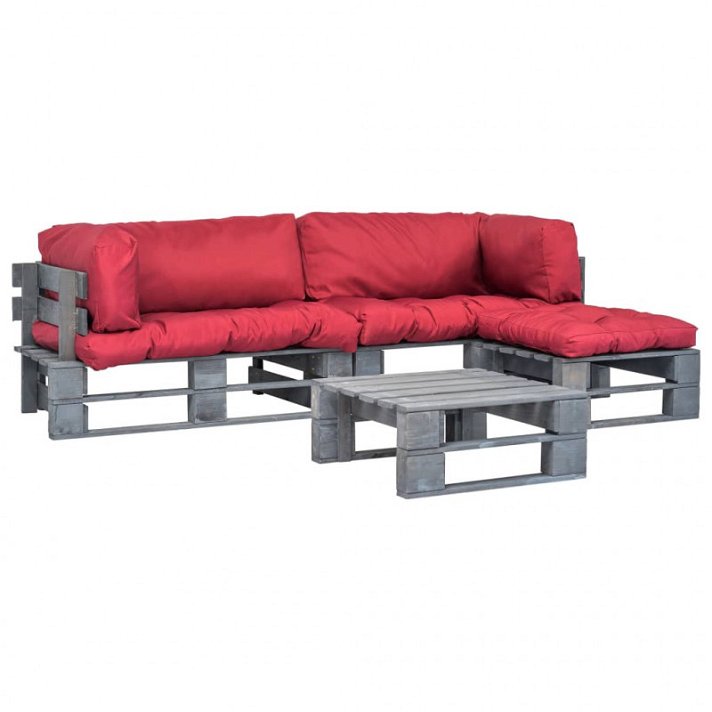 conjunto de sofá de jardim de paletes vidaXL 4 peças e almofadas vermelhas de madeira