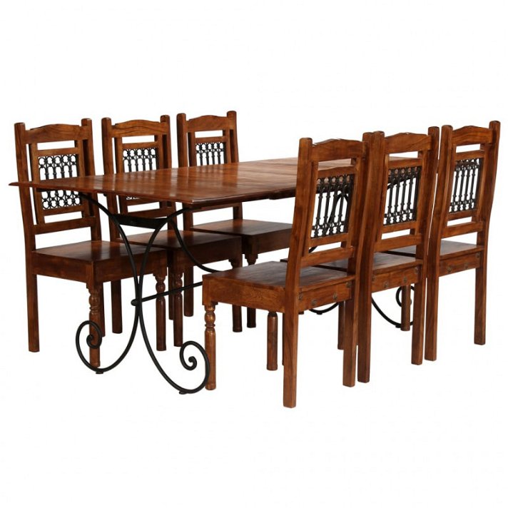 Mesa com seis cadeiras de madeira de acácia com acabamento em pau-rosa ou sheesham Vida XL