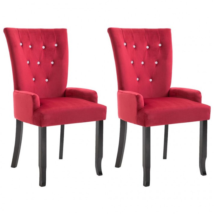Pack de sillas con reposabrazos de madera de roble y tapizado capitoné en color rojo Vida XL