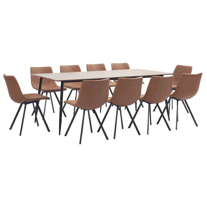 Set mesa com 10 cadeiras couro sintético castanho-médio Vida XL