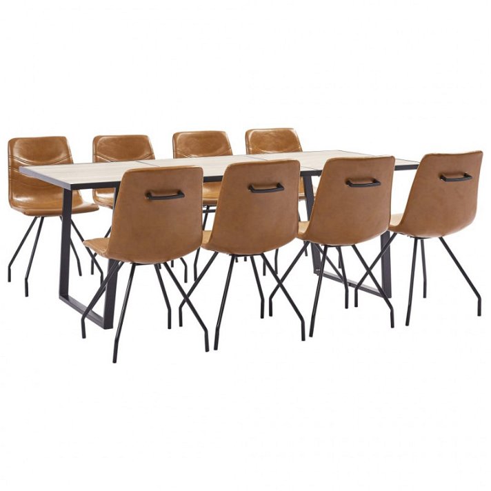 Conjunto de 1 mesa y 8 sillas fabricadas con MDF y acero de acabado marrón coñac y negro Vida XL