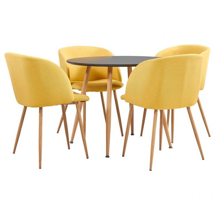 Mesa circular e quatro cadeiras tecido cor amarela Vida XL
