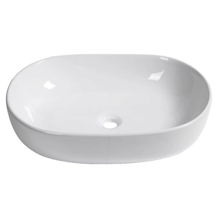 Lavabo ovalado sobre encimera sin rebosadero fabricado en cerámica color blanco Kleankin
