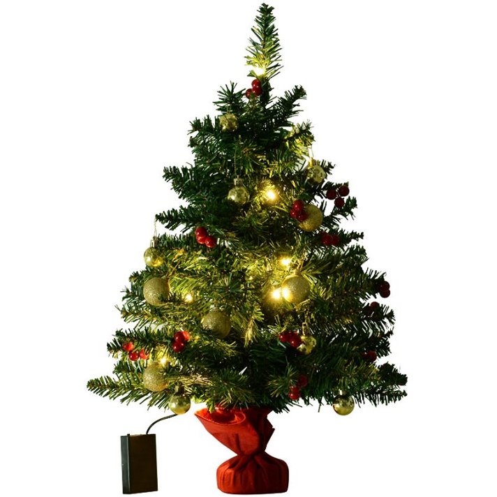 Árbol de navidad de sobremesa de 60 cm con luces LED blanco cálido fabricado en PVC y cemento verde y rojo Homcom